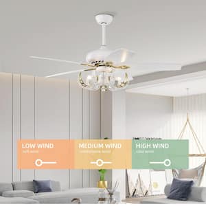 52 in. Indoor Matte White Crystal Ceiling Fan with 5 Reversible Blades and Remote Control, No Bulb