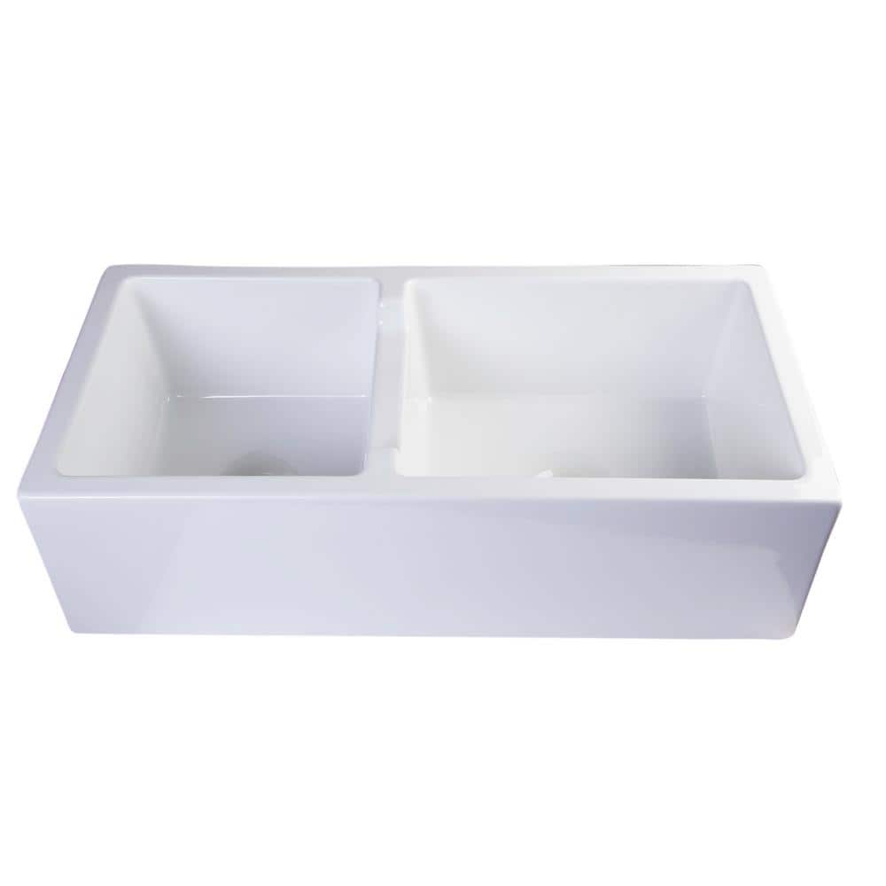 36'' White Fireclay Double Bowl Farmhouse Kitchen Sink