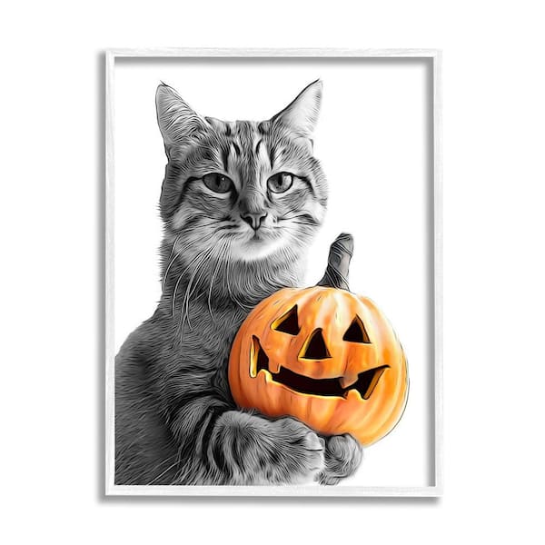 Stupell Industries Cat and Jack-o-Lantern by Annalisa Latella 1 Piece Framed Graphic Print Animal Poster Art Print 30 in. x 24 in.