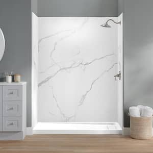 60 in. x 32 in. x 78 in. 4-Piece Glue-Up Alcove Shower Wall Surround in Calacatta White Marble
