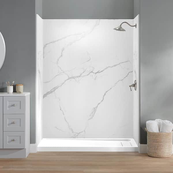 Glacier Bay 60 in. x 32 in. x 78 in. 4-Piece Glue-Up Adhesive Alcove Shower Wall Kit in Calacatta White Marble