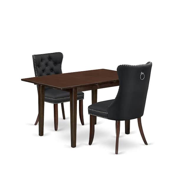 East West Furniture 3-Piece Mahogany Finish Rectangular Solid Wood Top with Butterfly Leaf Dining Table Set
