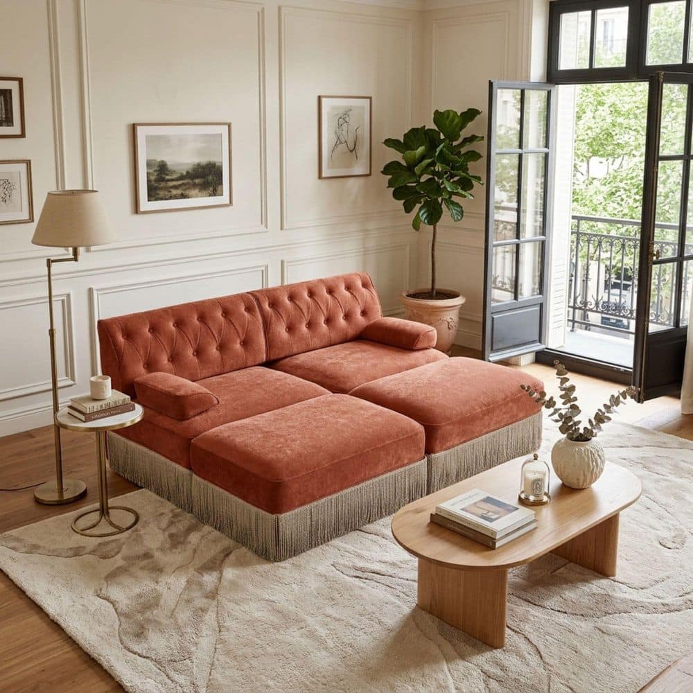 LIVING HOUSE CORTE（コルテ） Homy Casa LEON 76.6 in Pillow Top Arm 4-Piece Velvet Fabric