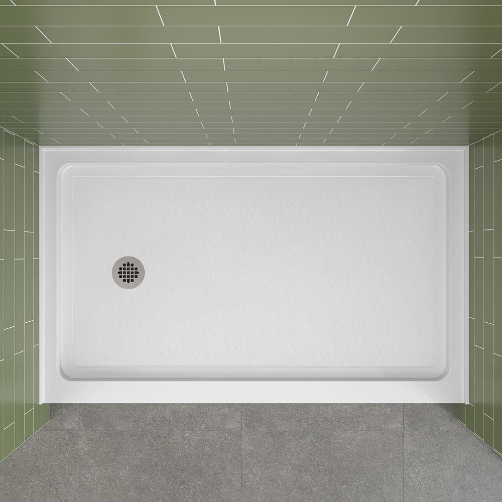 Glossy White Rectangular Acrylic Alcove Shower Base with Left Drain