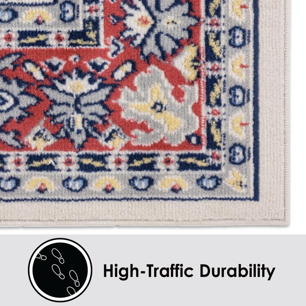 Ivory and Red Synthetic Traditional Medallion Area Rug