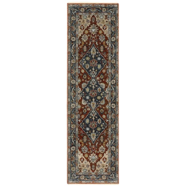 AVERLEY HOME Ambrose Red/Blue 2 ft. x 8. ft. Oriental Medallion Polyester Fringe Edge Indoor Runner Area Rug