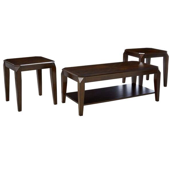Benjara Docila 3-Piece 47 in. Walnut Brown Large Rectangle Wood Coffee Table Set with Shelf