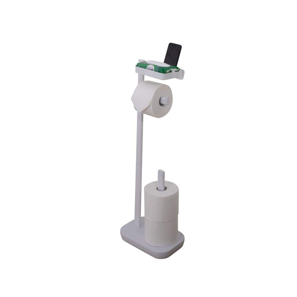White Freestanding 3-in-1 Toilet Paper Holder with Adjustable Shelf