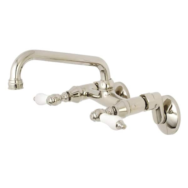 Kingston Brass Adjustable Center Porcelain 2 Handle Wall Mount Standard Kitchen Faucet In Polished Nickel Hks513pn The Home Depot