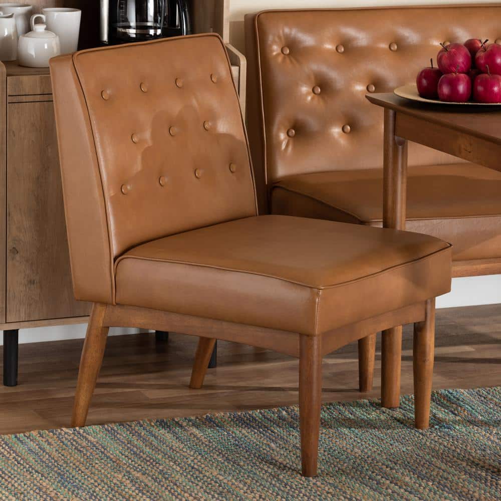 Walnut Brown & Tan Faux Leather Mid-Century Arm Chair
