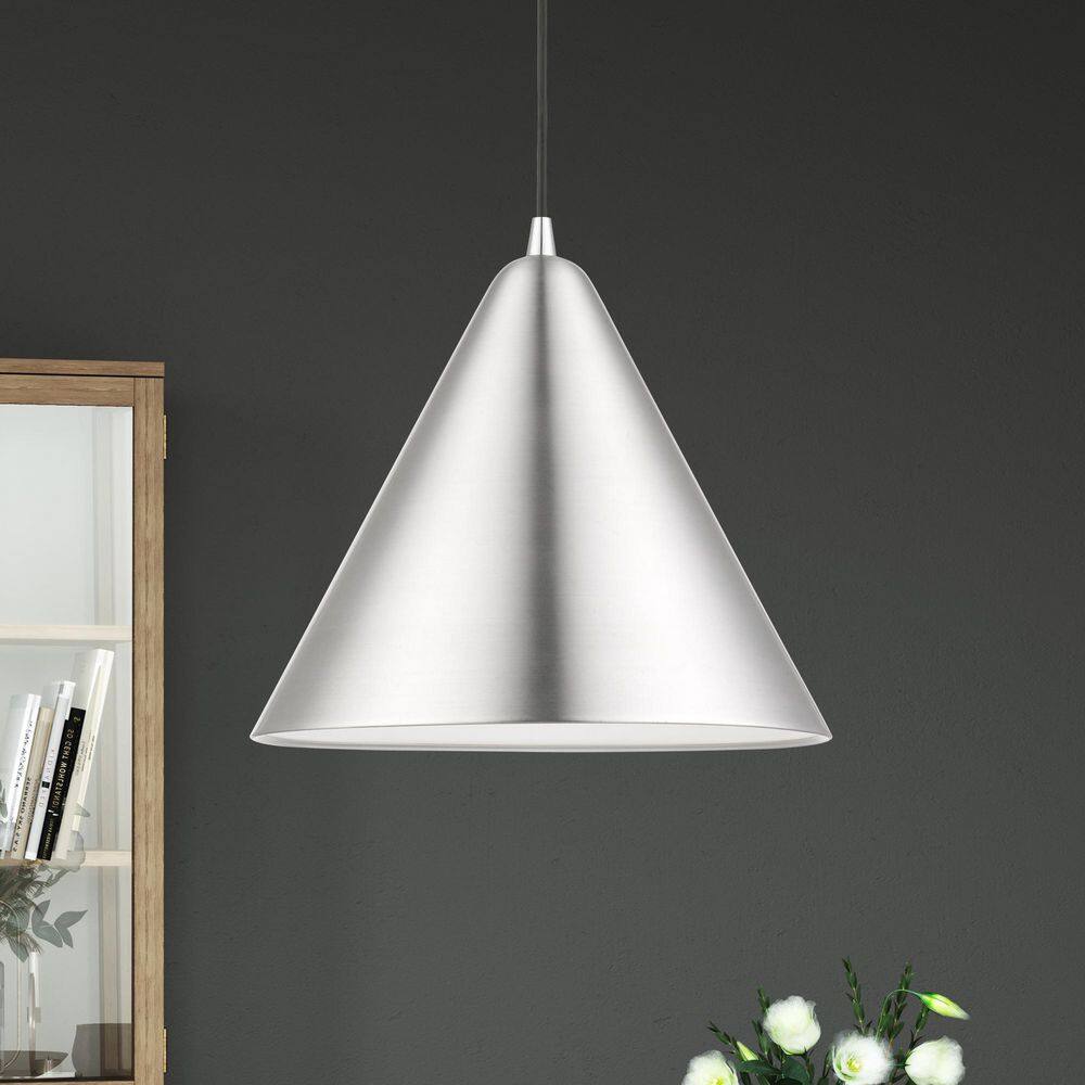 Dulce Brushed Aluminum Pendant with Shiny White Interior, 14" Shade