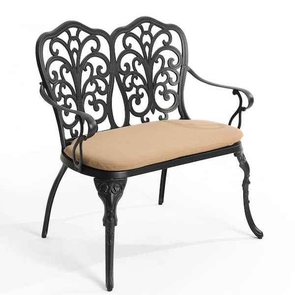 Unbranded 2-Person Black Rust-Resistant Aluminum Outdoor Bench with Tan Cushion for Patio, Park, Lawn