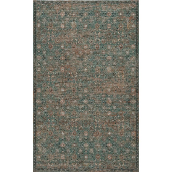 Petunia Distressed All-Over Floral Border Non-Slip Machine-Washable Green/Brown 8 ft. x 10 ft. Area Rug
