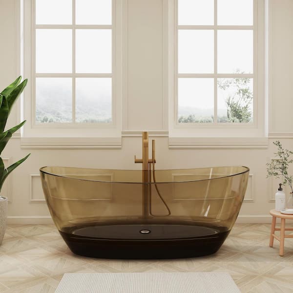 65 in. x 33 in. Solid Surface Freestanding Bathtub Stone Resin Soaking Tub in Transparent Sepia