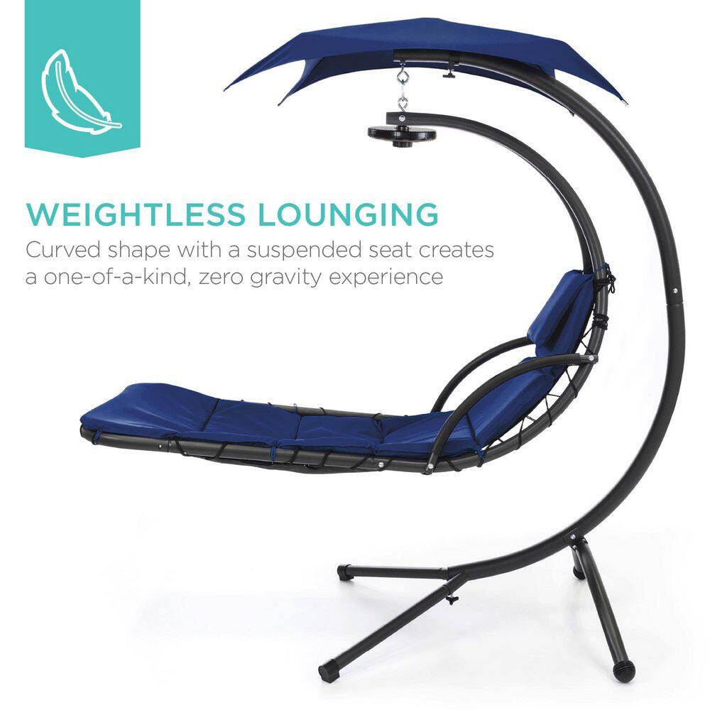 Navy Blue Hanging LED-Lit Curved Chaise Lounge Chair with Canopy