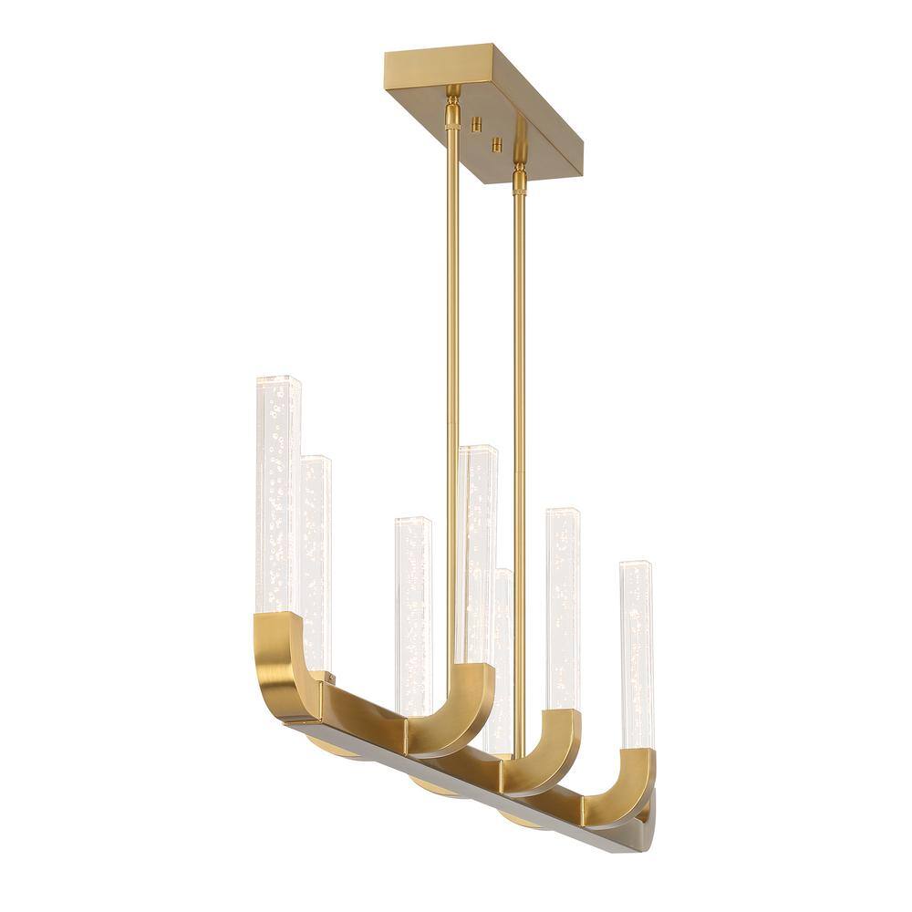 Warm Brass 8-Light LED Linear Chandelier with Clear Seeded Acrylic Shades