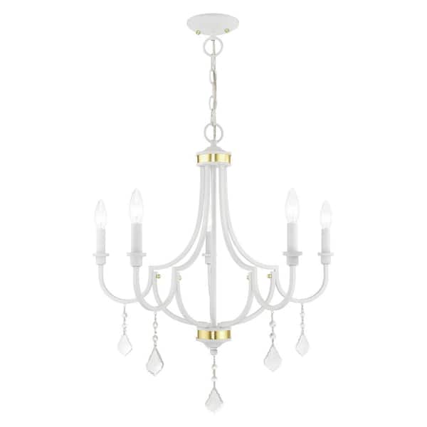 Bradshaw 5-Light White Chandelier with Polished Brass Accents and Clear Crystals