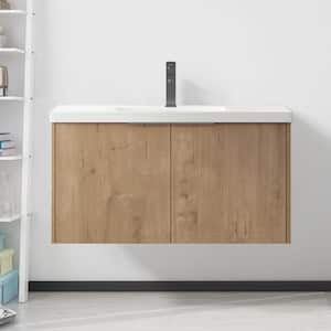 35.4 in. W x 18.1 in. D x 19.3 in. H Wall-mounted Bathroom Vanity in Imitative Oak With white Resin Top（KD-Packing）