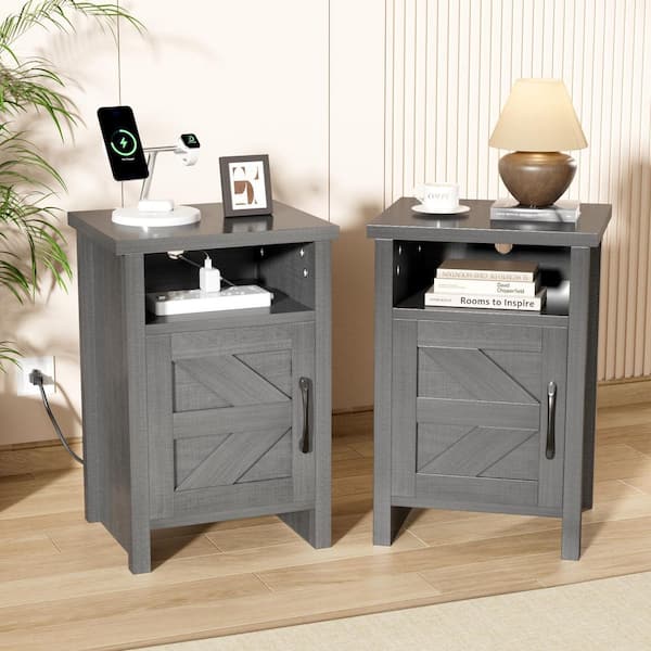 Farmhouse Modern Nightstand with Shelf and Barn Door, for Bedroom, Gray