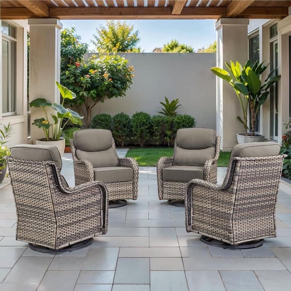 Arcadia Gray Wicker Outdoor Rocking Chair Patio Swivel Glider with 6 in. Thick Gray Box-Edge Cushions (4-Pack)