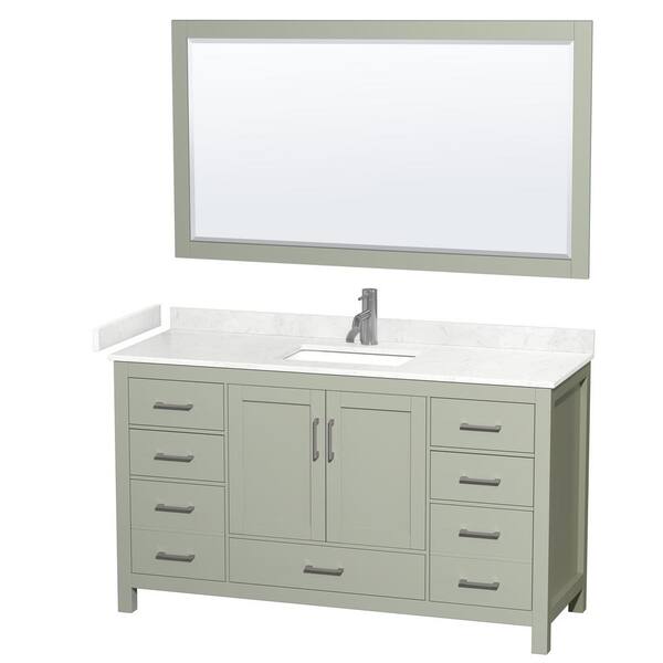 Wyndham Collection Sheffield 60 in. W x 22 in. D x 35 in. H Single Bath Vanity in Light Green w/ Carrara Cultured Marble Top, 58 in. Mirror