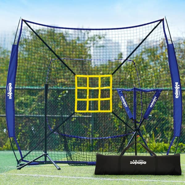 AFAIF 7 ft. x 7 ft. Baseball Softball Hitting Pitching Net Tee Caddy Set with Strike Zone, Baseball Backstop Practice Net-Blue