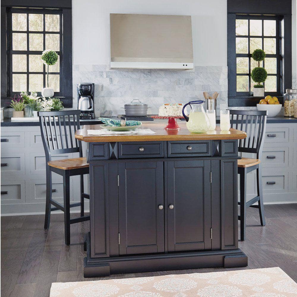 Black and Oak Wood Kitchen Island Set with Stools