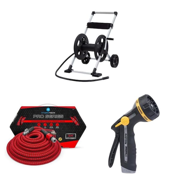 250 ft. Silver Aluminum 2 Wheel Hose Cart Reel, 3/4 in. x 200 ft. Expandable Hose and 8-Pattern Adjustable Nozzle Combo