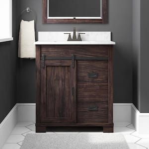 Brindley 30 in W x 20 in D x 35 in H Single Sink Freestanding Vanity in Dark Walnut w/ Veined White Engineered Stone Top