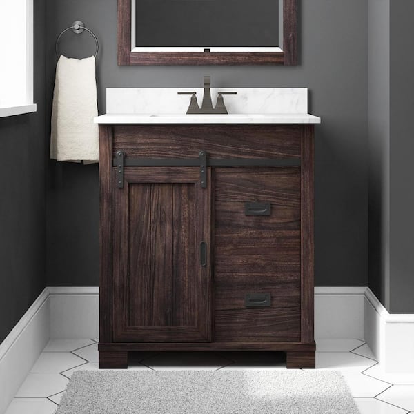 Glacier Bay Brindley 30 in W x 20 in D x 35 in H Single Sink Freestanding Vanity in Dark Walnut w/ Veined White Engineered Stone Top