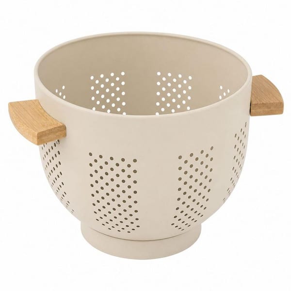 5.5 qt. Yellow Metal Colander with Wood Handle and Stable Base, Kitchen Strainer Basket for Draining Pasta, Vegetable