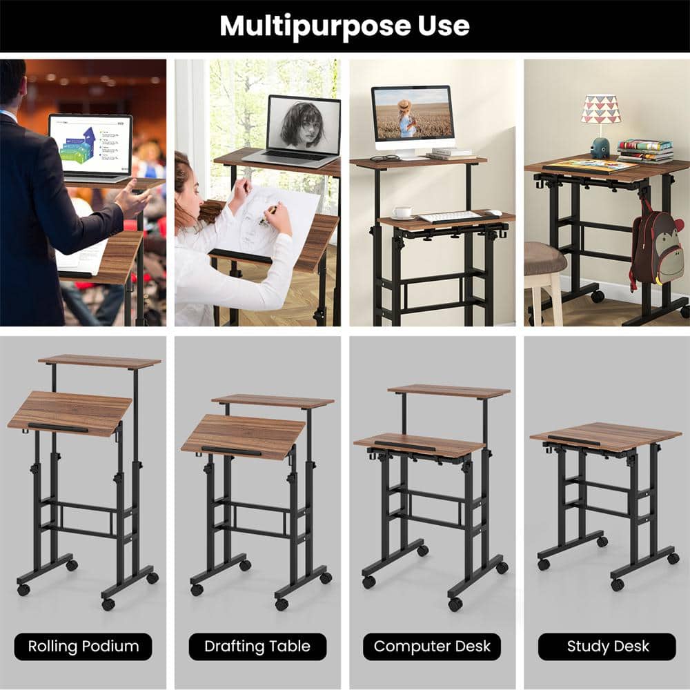 Walnut Adjustable Height Standing Desk with Drawer and Headphone Hook