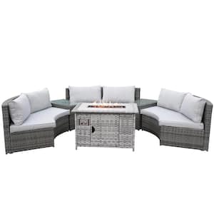 Hermione Half Moon Black 6-Piece Wicker Outdoor Sectional Set with Beige Cushions and Fire Pit Table