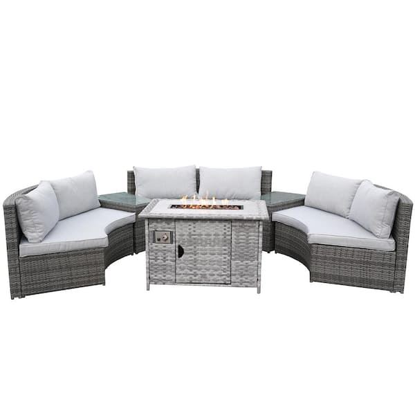 DIRECT WICKER Hermione Half Moon Black 6-Piece Wicker Outdoor Sectional Set with Beige Cushions and Fire Pit Table