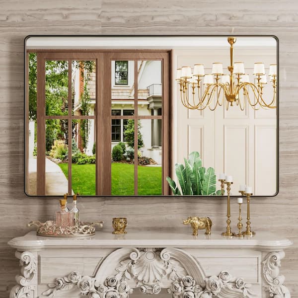 48 in. W x 30 in. H Oversize Rectangular Black Wall Mirror Aluminum Alloy Framed Bathroom Mirror