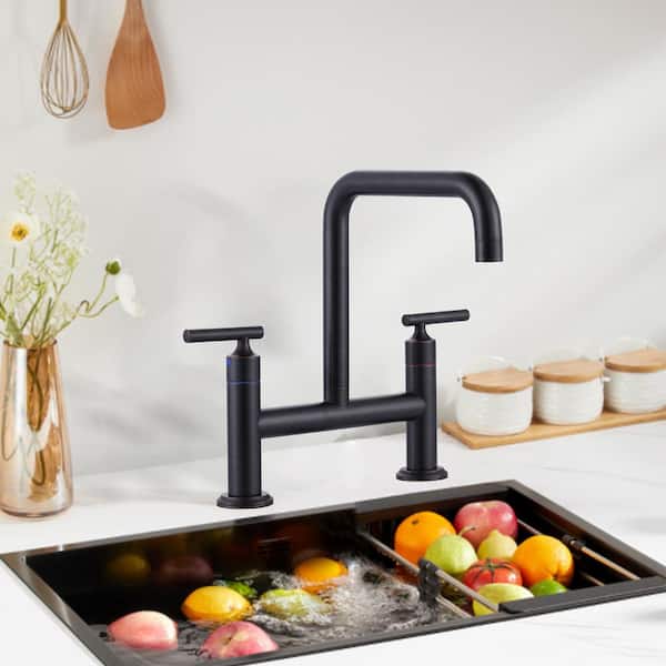 Double Handle 2-Hole Solid Brass Bridge Kitchen Faucet with 360° Rotation Spout in Oil Rubbed Bronze