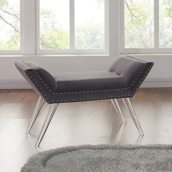 Armen Living Silas Gray 20 in. H x 36 in. W x 17 in. D Ottoman Bench in Tufted Velvet with Nailhead Trim and Acrylic Legs