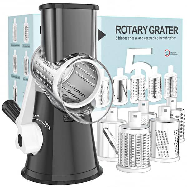 Black Rotary Cheese Grater Hand Crank Cheese Shredder for Fresh Cheese, Vegetable, Free Cleaning Brush Five Blades
