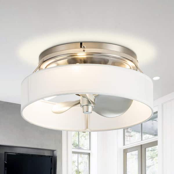 Parrot Uncle 12.6 in. Indoor Satin Nickel Caged Flush Mount Low Profile Ceiling Fan with Light and Remote Control