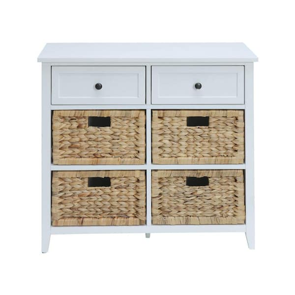 White wooden storage unit deals with wicker baskets