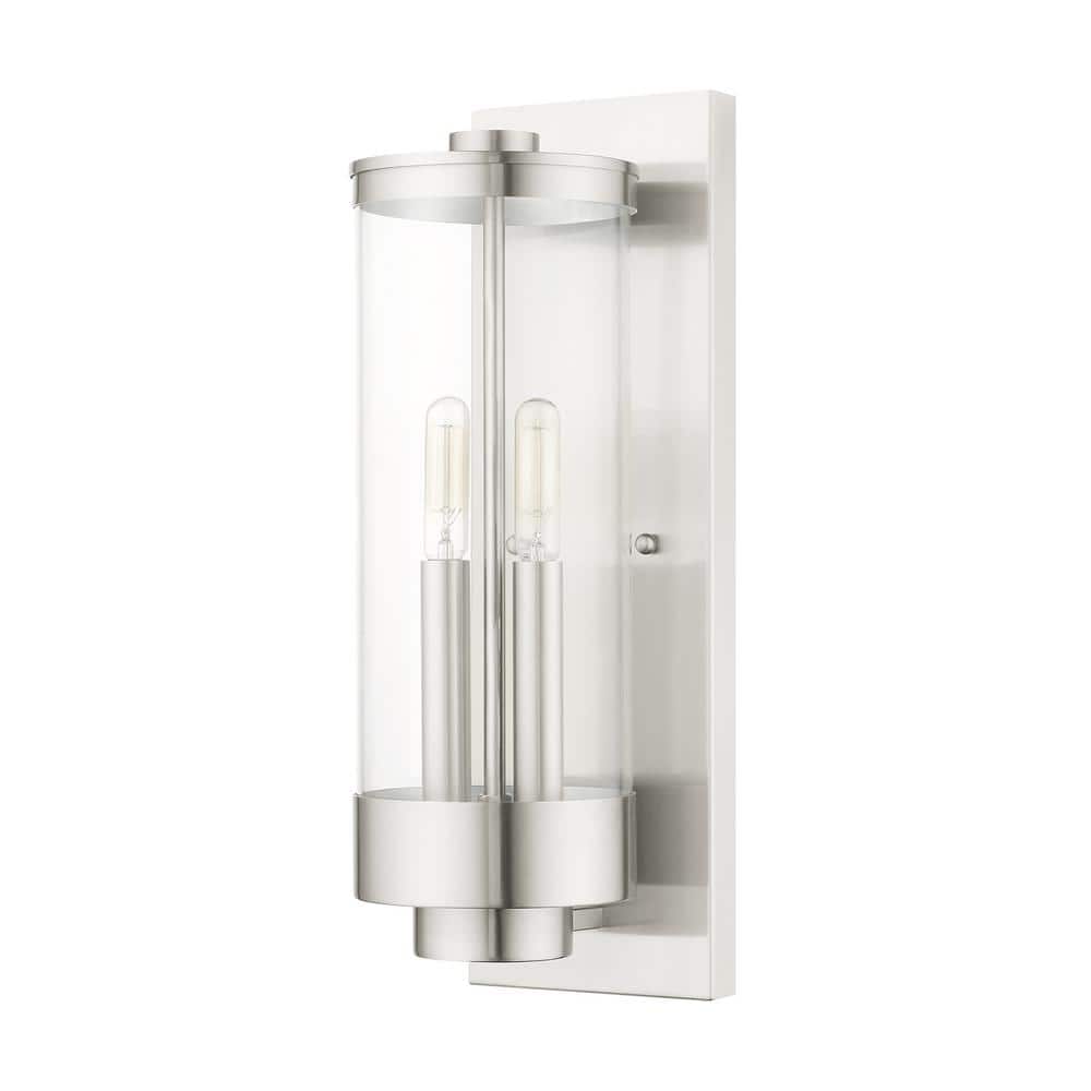 Brushed Nickel 2-Light Outdoor Wall Lantern with Clear Glass