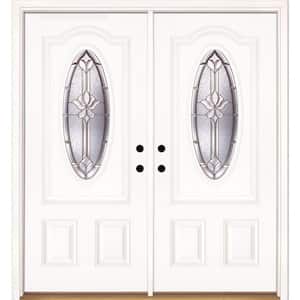 74 in. x 81.625 in. Medina Brass 3/4 Oval Lite Unfinished Smooth Left-Hand Inswing Fiberglass Double Prehung Front Door