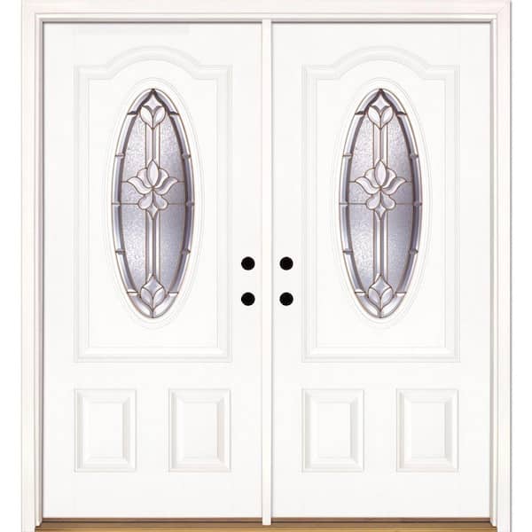 Feather River Doors 74 in. x 81.625 in. Medina Brass 3/4 Oval Lite Unfinished Smooth Left-Hand Inswing Fiberglass Double Prehung Front Door