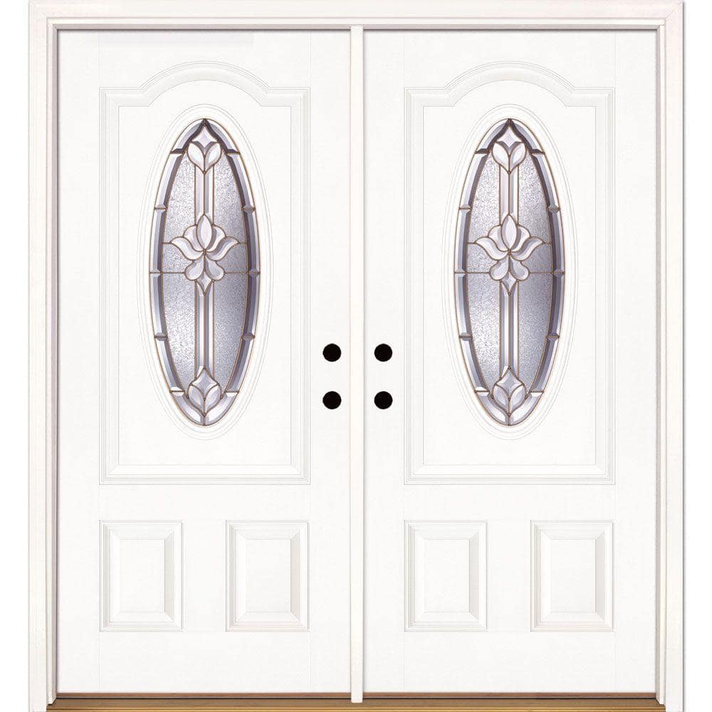 Feather River Doors 74 in. x 81.625 in. Medina Brass 3/4 Oval Lite Unfinished Smooth Right-Hand Inswing Fiberglass Double Prehung Front Door, Smooth White- Ready to Paint -  131105-400
