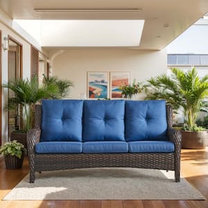 3-Seat Brown PE Wicker Outdoor Couch with Blue Cushions