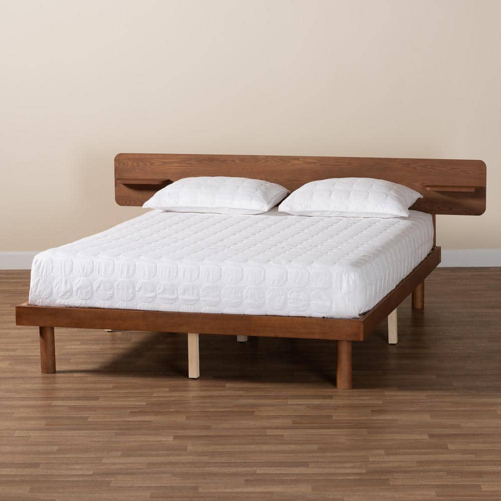 Morana Queen Walnut Brown Wood Platform Bed with Built-In Shelves