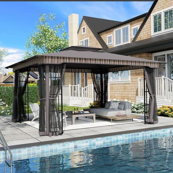 13 ft. x 11 ft. Gray Outdoor Patio Steel Frame Soft Top Gazebo Tents with Mosquito Netting and Canopy Top
