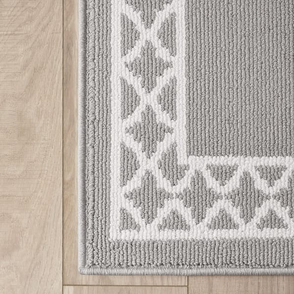 Washable Skid Resistant Light Grey/White  2.2 ft. x 5 ft. All Loop Tufted Area Rug