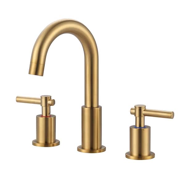 8 in. Widespread Double Handle Bathroom Faucet with Swivel Spout, Pop Up Drain and Supply Lines in Gold