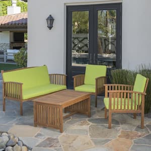 4-Piece Acacia Wood Outdoor Patio Sectional Set with Acacia Coffee Table and Light Green Waterproof Cushions